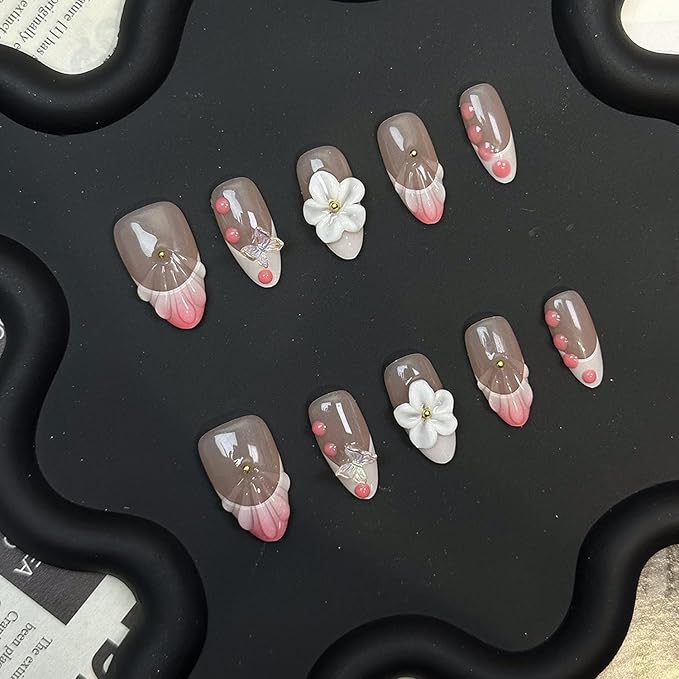 Flower Press on Nails Medium Almond Handmade Fake Nails Pink White Gradient French Tip Acrylic Nails Thick and Muti-Layer Gel False Nails 3D Floral Butterfly Design Nails DIY Art for Women (Size S)