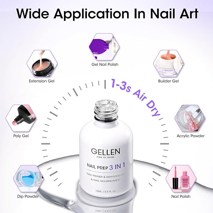 GELLEN Nail Primer and Dehydrator, 3-in-1 Acid-free Nourishing Nail Prep for Gel & Acrylic Nails, Gentle with Squalane VE Promote Health, 15ML 3s Air Dry Dehydrate Long-lasting Nails Art Supplies