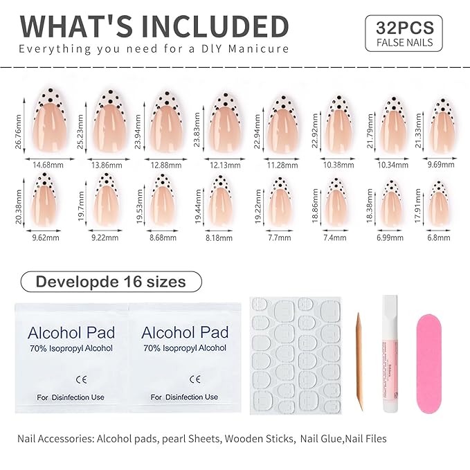 Press On Nails Almond Medium – Nude Pink French Tips with Black & White Polka Dot Design, 24PCS Glossy Acrylic Fake Nails, Reusable Stick On Nails Kit with Glue & Tools for Women, Trendy DIY Manicure