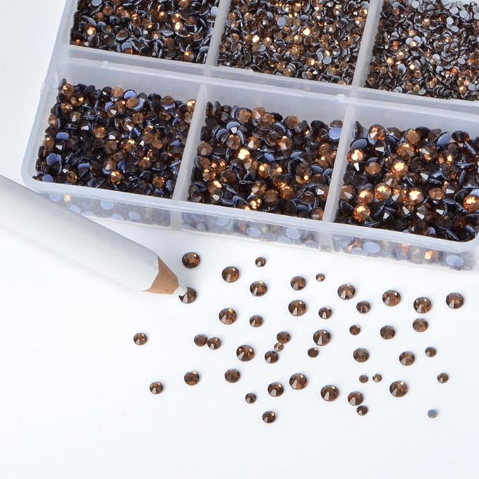 Bymitel Hotfix Crystal Rhinestones Round Gems for Crafts,Mixed 6 Sizes with Wax Pencil Kit, Smoked Topaz1.3-3.2mm(SS3-SS12/8000pcs)