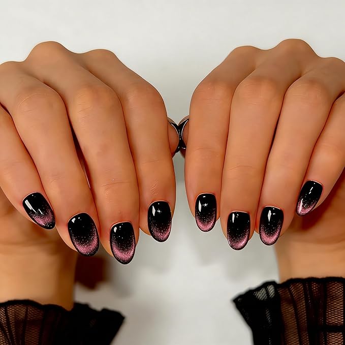 Cat Eye Press on Nails Short, Chrome Press on Nails Oval, Thick Glazed Black Baby Pink Fake Nails Press ons for Women Party Prom, Reusable Glitter Glue On Nails Almond in 15 Sizes, 30 Pcs
