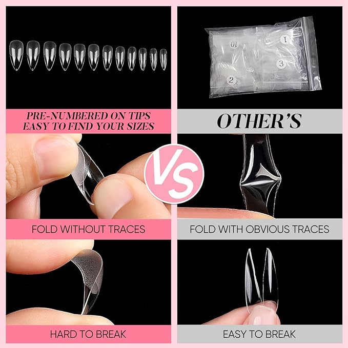 AIMEILI Long Stiletto Acrylic Nail tips Fake Nails, Pre-shape 504pcs Round Soft Gel Nail Tips Press on Nails for Full Cover False Nails 12 Sizes