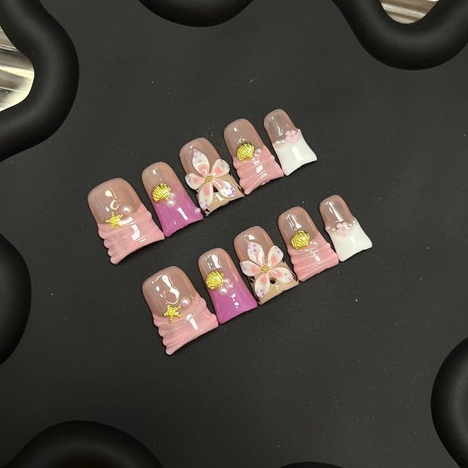 10pcs Handmade Press on Nails for Women - Medium Duck Curve 3D Thick Acrylic Fake Nails Reusable,Designer Floral Butterfly Rhinestones Bling Boho Funky Y2k Nail-art Set,S,pink floral
