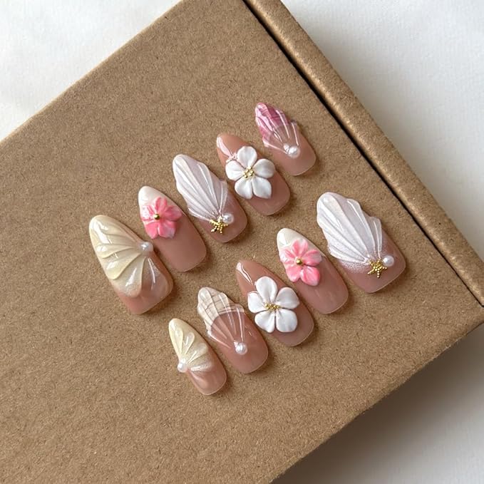Press On Nails Medium Length Almond Shape False Nails, Handmade Acrylic Gel Fake Nails with Art Designs, Reusable 10 Pcs 3D Nails for Women DIY Manicure Kit (Size L)