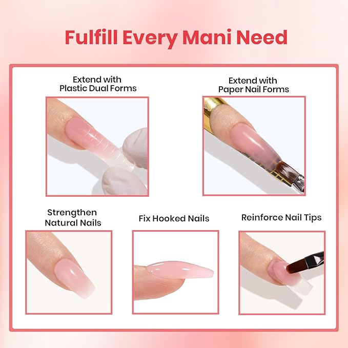 Beetles Nail Extension Gel, 4 Colors Poly Nail Gel Kit with Base & Top Coat, Slip Solution & Brush, All-in-One Starter Kit for Home Manicure, Holiday Gift for Women