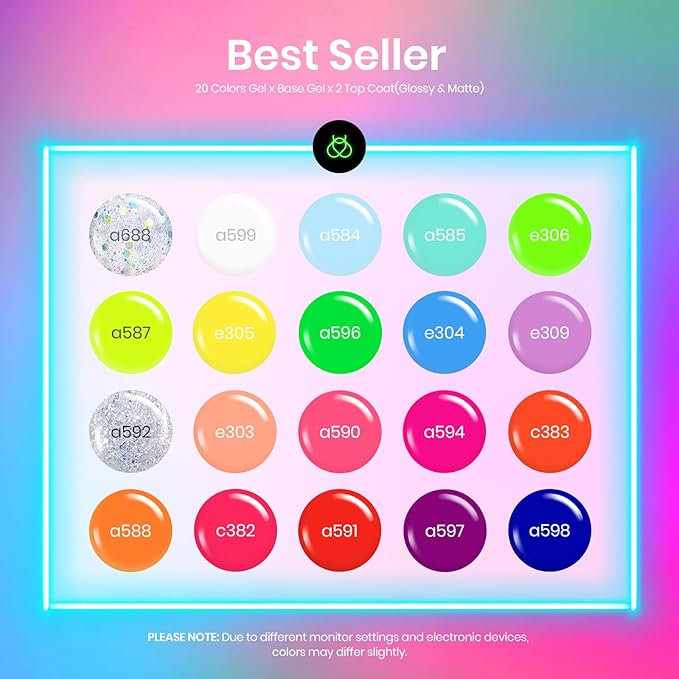 Beetles Spring Gel Nail Polish Set - 20 Colors Neon Gel Polish Kit with 3Pcs Base Top Coat Hot Pink Orange Blue Lemon Green Glitter Colors Soak Off UV Manicure Rainbow Nail Gift for Women