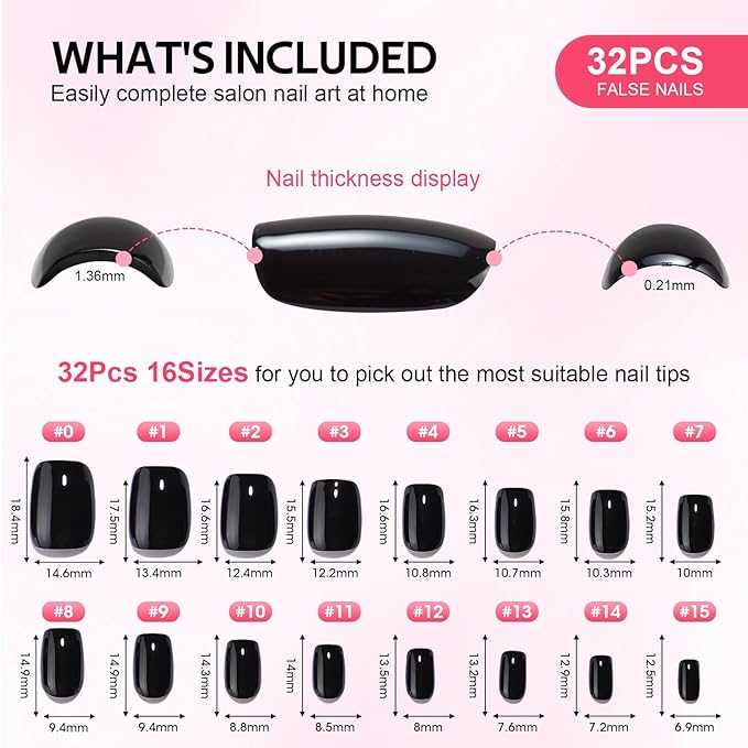 Press On Nails - Findigit Short Square Black False Stick Glue On Nails, Reusable Stick On Fake Nails with Glue Salon Quality 16 Sizes - 32 Nail Kits, Black Swan