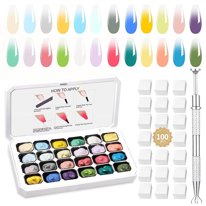 24 Colors Ombre Gel Nail Polish Set,Ombre Pigment for Nails,Gradient Painting Blooming Gel with 100Pcs Nail Sponges for 3D Gels Nail Art can be Painted in Salon or Home Use