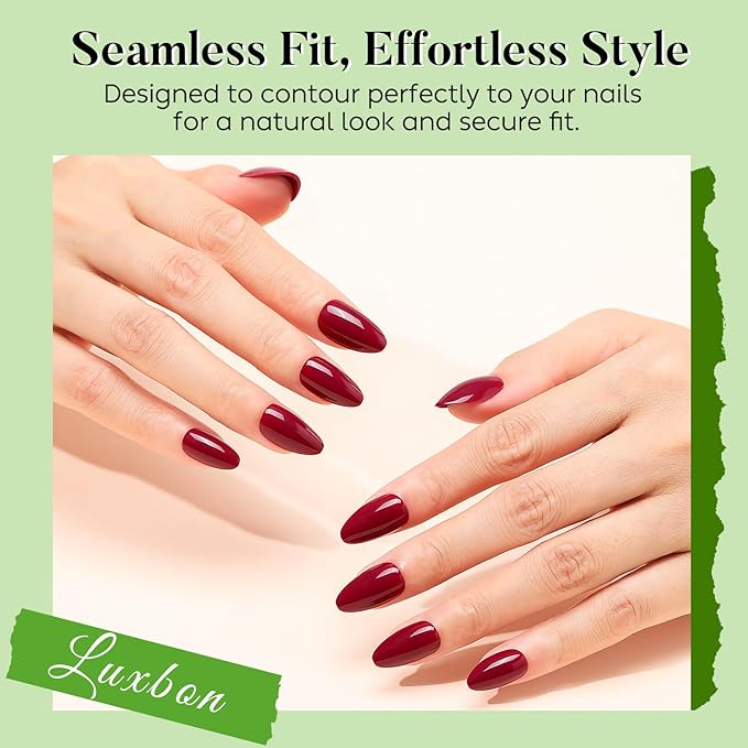 Luxbon Short Almond Press On False Nails with No-Cure Nail Glue and Tool Kit – Stick On Nails Soft Gel Tips 25-30pcs Full Size Set, Reusable Fake Nails for Women, Salon Look at Home, Burgundy