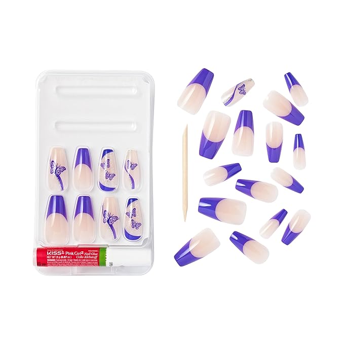 GoldFinger 24 Pcs Press On Nails, Long Coffin Fake Nails, Purple Butterfly Gel Stick On Extensions, Reusable Full Cover False Nail Kit with Glue, Manicure Stick & File, 7 Day Long Lasting Wear