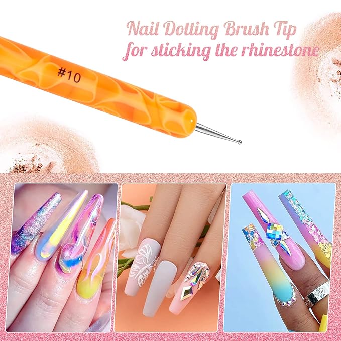 French Manicure Brush - Two Way Nail Art Brush with Dotting Tool for Manicure Cuticle Clean Up - Professional Salon Quality, Nail Dotting Pen (10#, Orange)