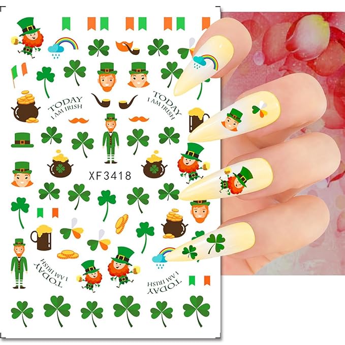 10 Sheets St. Patrick's Day Nail Stickers Self-Adhesive Lucky Shamrock Nail Art Stickers Green Four Leaf Clover Nail Decals Spring Summer Design Nail Supplies for DIY Saint Patrick's Day Nail Decor