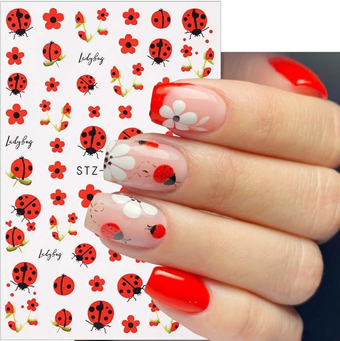 6Sheets Spring Nail Art Stickers Decals 3D Self Adhesive Ladybug Nails Decals Red Flower Nail Stickers Summer Insect Animal Floral Nails Design Sticker Cute Manicure Supplies for Women Girl DIY Charms