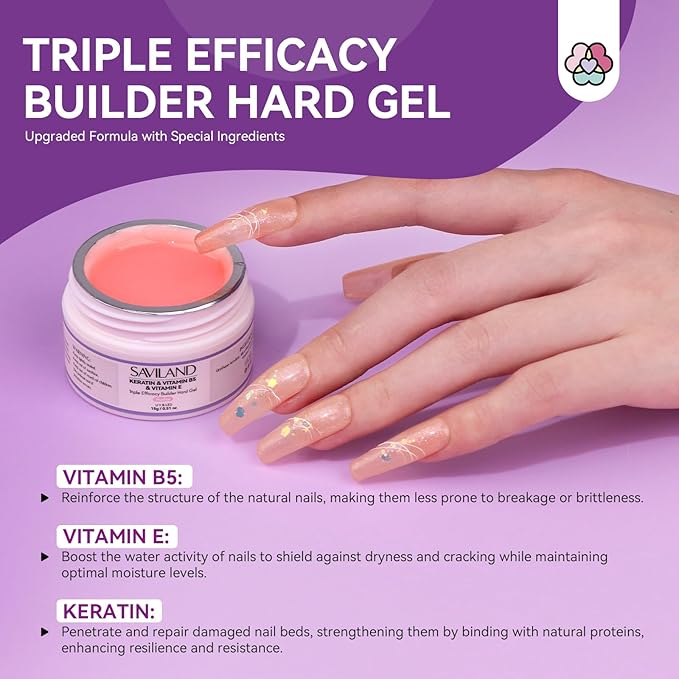 SAVILAND Builder Nail Gel Set with Nail Drill Cuticle Remover Cuticle Oil – 3 Pcs Hard Gel(VE&VB5&Kerain) Clear Pink Nudes Builder Nail Gel with Lamp Nail Strengthener Gel for Nail Extension