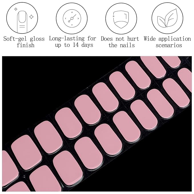 Baby Pink Gel Nail Stickers 20Pcs Semi Cured Gel Nail Strips Full Polish Nails Wraps UV/LED Light Needed Gloss Nails Polish Strips for Women Includes Prep Pads, File, Wooden Cuticle Stick