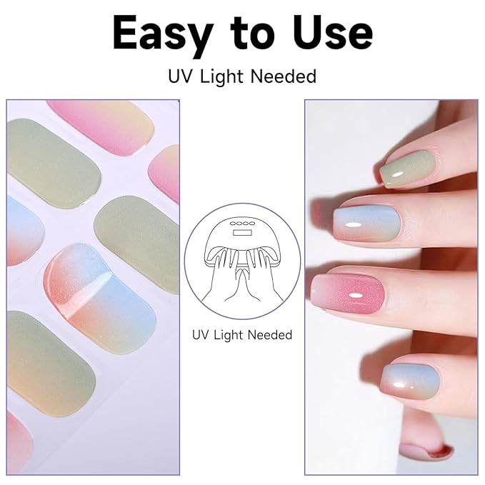 Semi Cured Gel Nail Strips, 28 pcs Gel Nail Stickers Work with Any UV Lights, Long-Lasting Nail Wraps for women DIY Art Gift, Easy to Apply & Remove