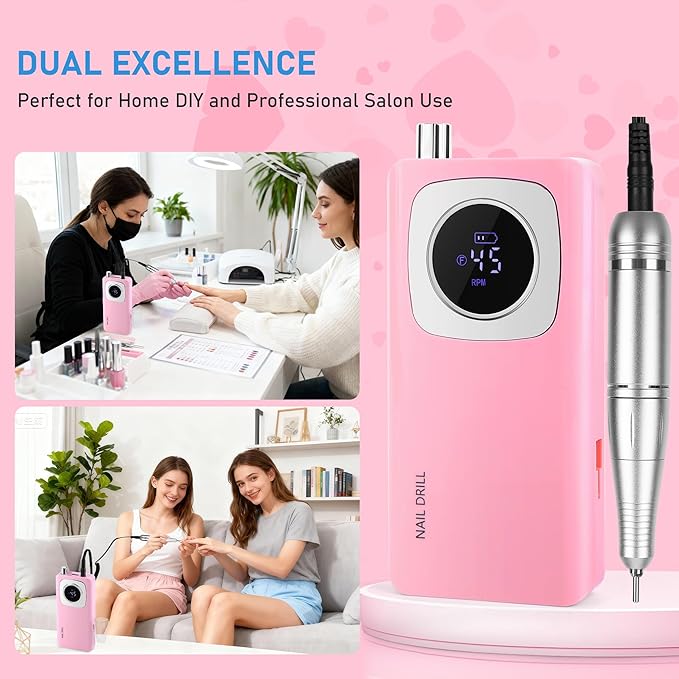 Electric Nail Drill Professional 45000 RPM, Rechargeable Cordless Electric Nail File Machine Kit for Acrylic Gel Nails Polishing Removing, Quiet E-File with Bits for Manicure Salon Home