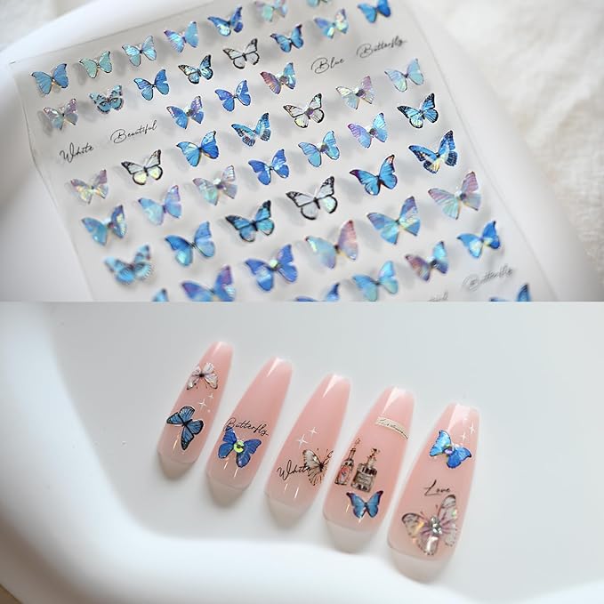 Blue Butterfly Nail Art Stickers Rhinestones Nail Decals for Nail Art Design Self-Adhesive Nail Accessories for Women Nail Art Supplies 3 Sheets