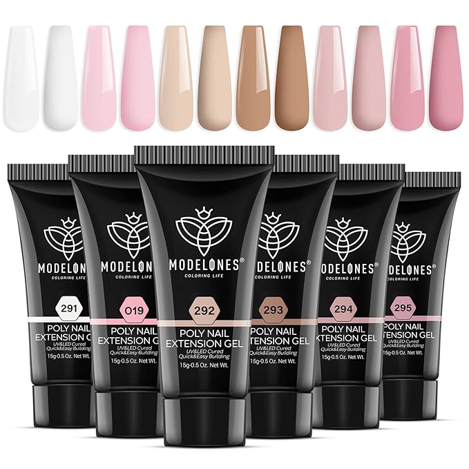 Modelones Poly Extension Gel Kit for Nail, 6 Colors Pink Nude Collection Poly Nail Gel Set Builder Gentle Colors French Manicure DIY Design Home Salon