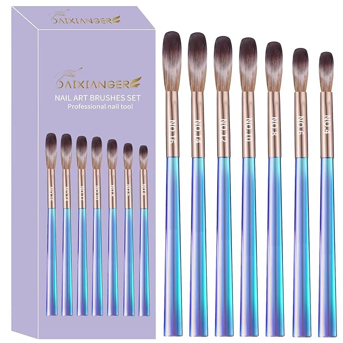 7Pcs Acrylic Nail Art Brush Set -Size 4/6/8/10/12/14/16,Gradient Blue Handle Nail Brushes for Acrylic Application Powder & Nail Extension, 3D Nail Carving Tools for DIY Home Salon