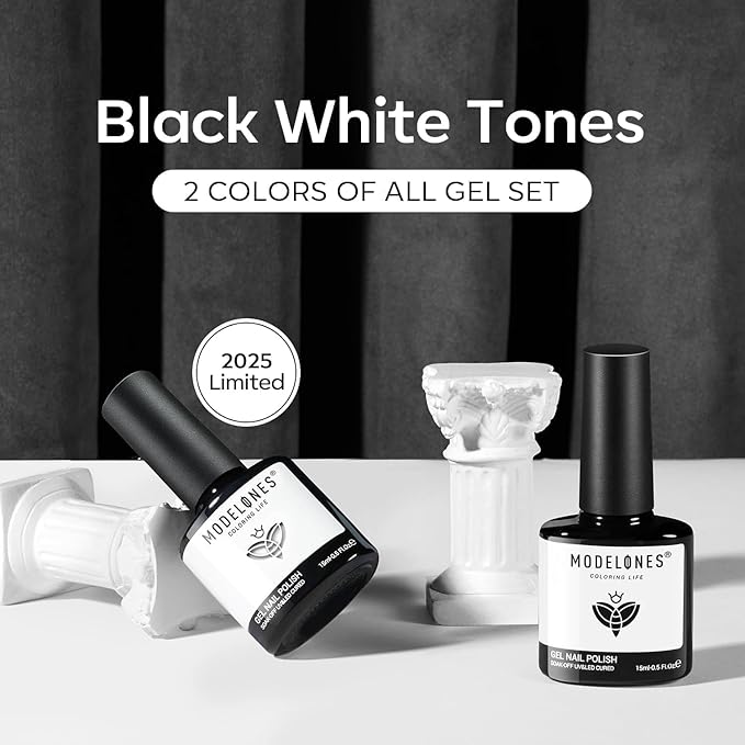 modelones White Gel Polish Black Gel Polish Set 2 Pcs 15ml Black And White Nail Polish Soak Off LED Valentine's Nail Art French Manicure Salon Diy at Home Gift for Women Girls