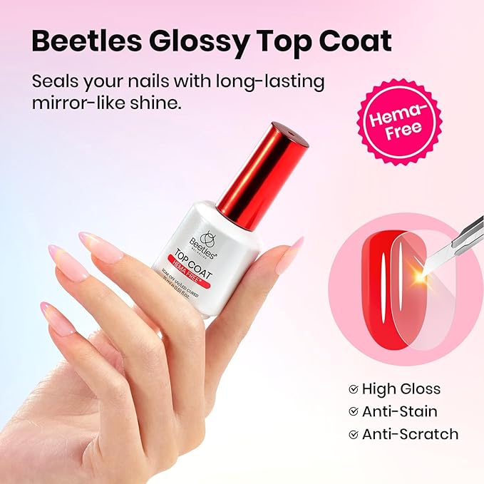Beetles Gel Base and Top Coat Set with Matte Top Coat – 3 Pcs No Wipe Gel Nail Polish Kit, Glossy & Matte Finish, HEMA Free UV LED Soak Off Long Lasting Manicure Essentials