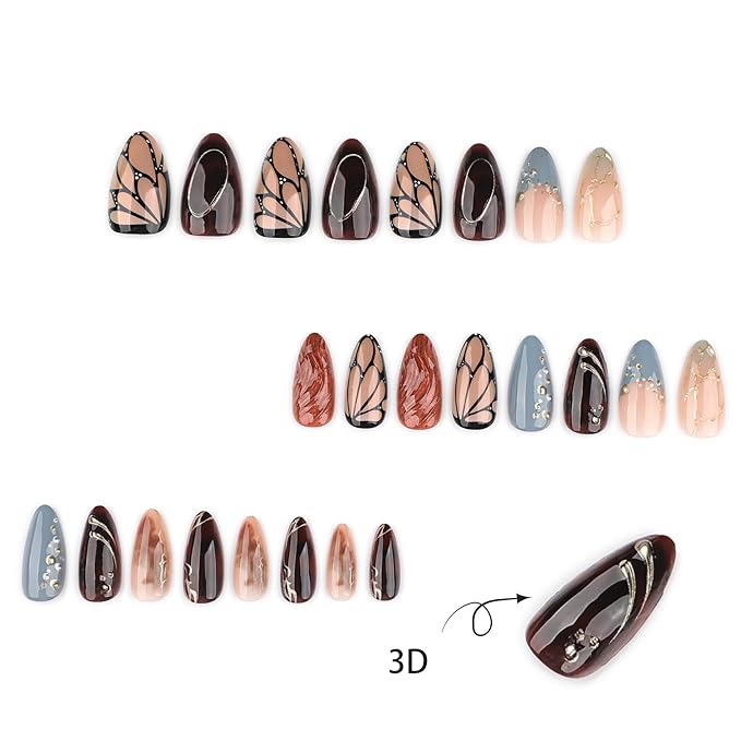 Press on Nails Almond - Medium Fake Nails with Gold Line Rhinestone Design - Winter False Nails Press Ons - for Women Manicure 24 Pcs