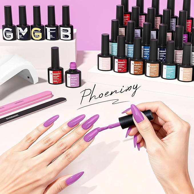 PHOENIXY 58 PCS Gel Nail Kit, 40 Colors Gel Nail Polish Kit with U V Light and Drill 5 Pcs Base Glossy Matte Glitter Top Coat White DIY at Home Nail Salon Art Kit Gift for Women