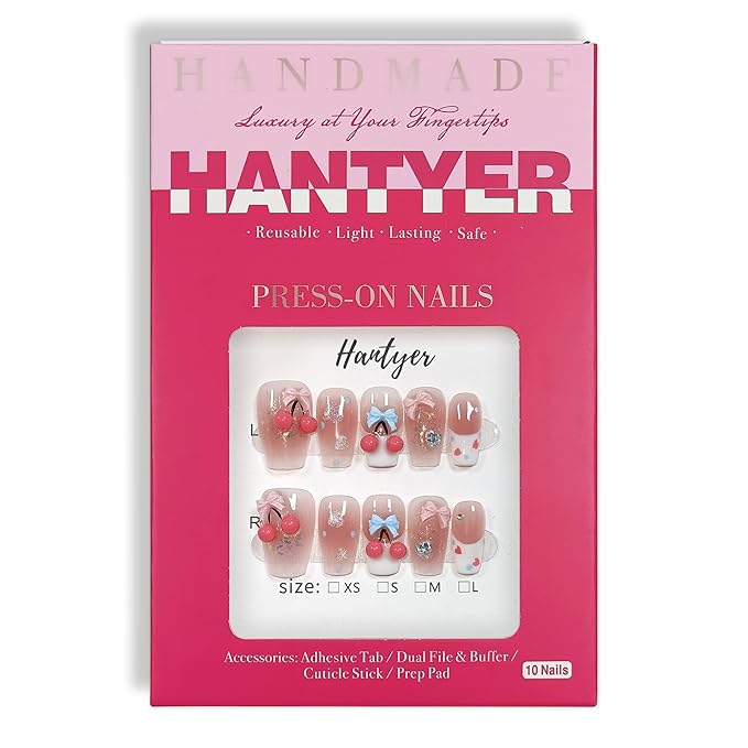 10pcs Sweet Style Press on Nails, Short Coffin Glossy Fake Nails, Pink French Tips with 3D Cherry & Bow Design, Reusable Easy to Apply False Nails for Women (Size XS) ﻿