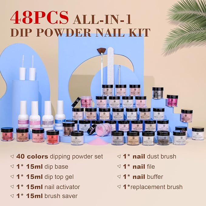 SAVILAND 49 PCS Dip Nails Powder Starter Kit - 40 Colors Hot Pink Red Gentle Nude Glitter Dip Powder Liquid Set with Base & Top Coat Activator Brush Saver Manicure Tool for French Nail Art Salon DIY
