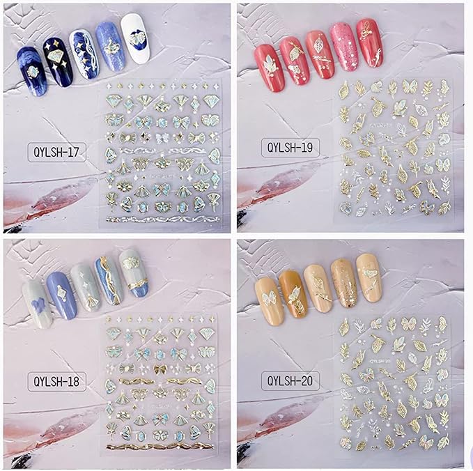 Zoance 20 Sheet 5D Embossed Nail Art Stickers,Luxury Gold Silver Nail Decals Self-Adhesive Metallic Leaves Flower Butterfly French Nail Stripe Line Stickers for Women Salon Home DIY Nail Supplies