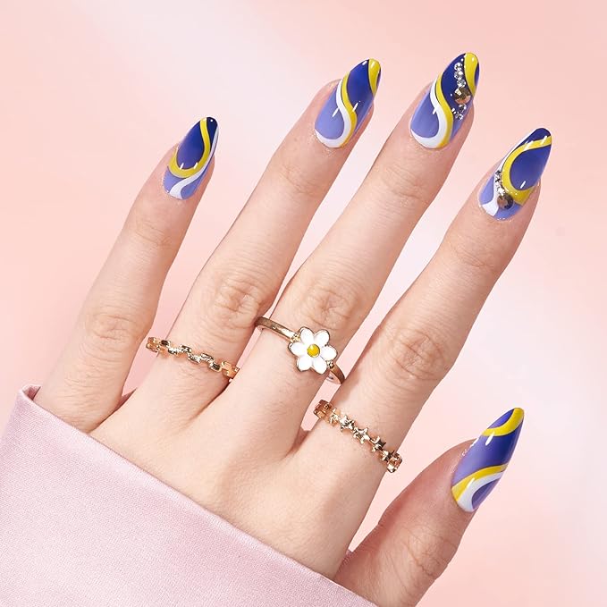 BTArtbox Press On Nails Almond - Blue Swirl Press On Nails with Nail Glue for Woman, Medium Soft Gel Glue On Nails in 15 Sizes - 30Pcs Stick On Nails Kit, Wave Blue