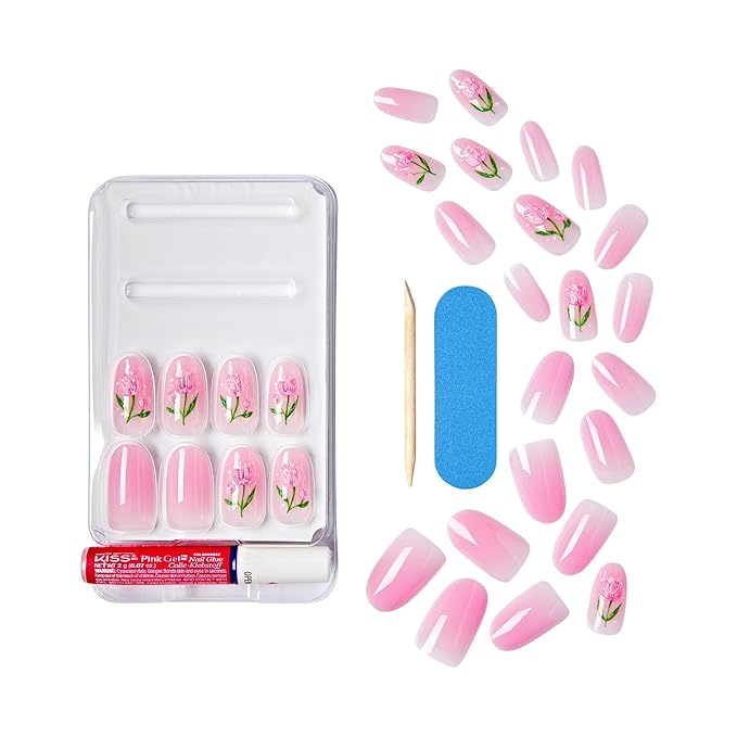 WICKED X KISS Press On Nails, ‘Bloom in Land’, Pink, Medium Oval, Waterproof, Chip Proof, Smudge Proof, 28 Fake Nails, Pink Gel Nail Glue (2g), Mini Nail File, & Manicure Stick
