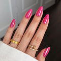 Chrome Press On Nails Almond, Glazed Hot Pink Round Glue on Nails Medium Press Ons, Acrylic Natural Fit Stick on Nails in 12 Sizes - 24Pcs Fake Nail Kit for Women Daily Party Wear