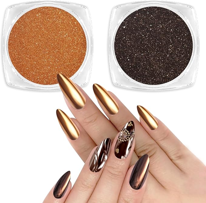 Allstarry Chrome Nail Powder 2pcs Metallic Mirror Effect Dust Glitter Glazed Manicure Decoration Reflective Pigment for Gel Polish Nail Art Decoration Resin Craft, Festivals - Coffee Brown