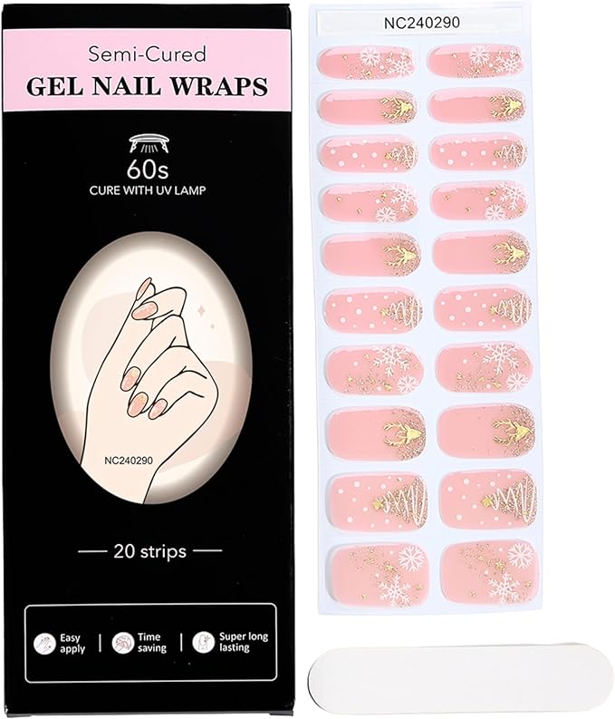 20pcs Christmas Semi Cured Gel Nail Strips - Salon-Grade DIY Wraps with Glaze Texture, Easy Application, UV Light Required for Festive Nails(Pink Gold Christmas Dreamy Nail)