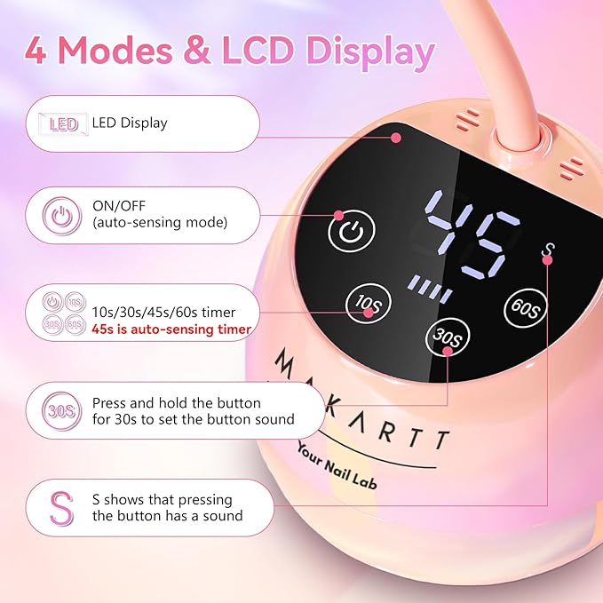 Makartt UV LED Nail Lamp - Gooseneck UV Light for Nails Cordless Rechargeable USB 39mW/cm² Dryer LED Lamp with Auto Sensor 4 Timer Settings Fast Curing for Nail Art Polish (Glazed Pink)