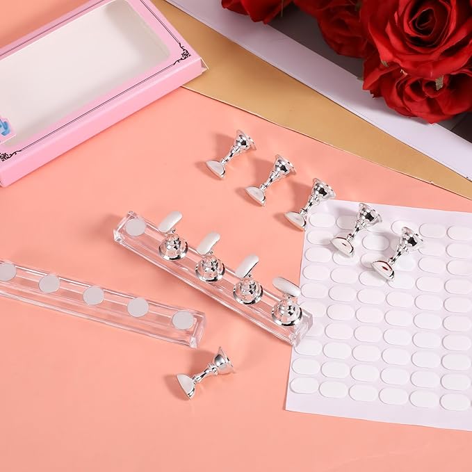 Nail Stands Acrylic Nail Art, 2 Set Magnetic Nail Tips Practice Holder Nail Crystal Holder for Nail Art with Reusable Adhesive Putty Nail Stand for Press On Nails DIY Painting(Silver)