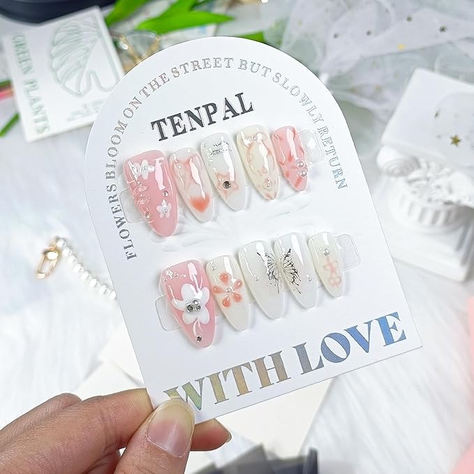 Pink Nails Acrylic Press on Nails Medium Almond Hand Painted Flower Floral Bow Tie Designs Stick on Nails Full Cover Reusable Fake Nails Press Ons 10pcs/box Glossy Glue on Nails(L)