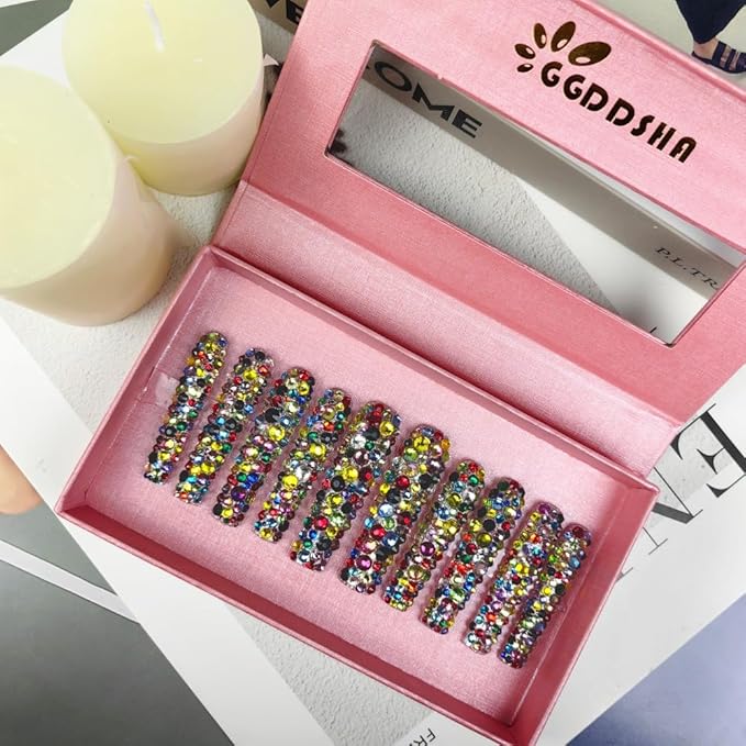 2025 Long Nail Designs Reusable PMMA Acrylic Baroque Glass Style Press-on Nails With Box Gifts for Women (Mosaic Mirage 45, Medium)