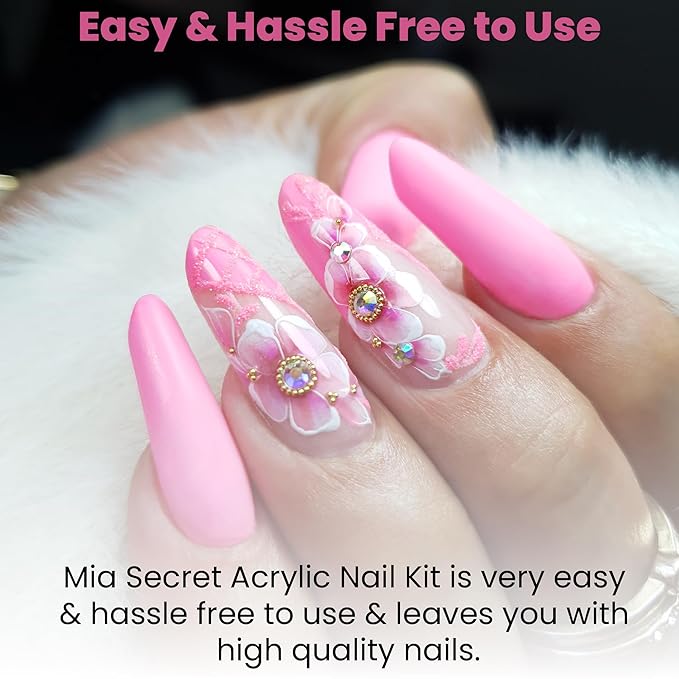 MIA SECRET Pink Acrylic Nail Kit - Full Kit With Powder, Liquid Monomer, Primer, Glue, Top Coat, 20 Nail Tips, Brush, Emery Block, File