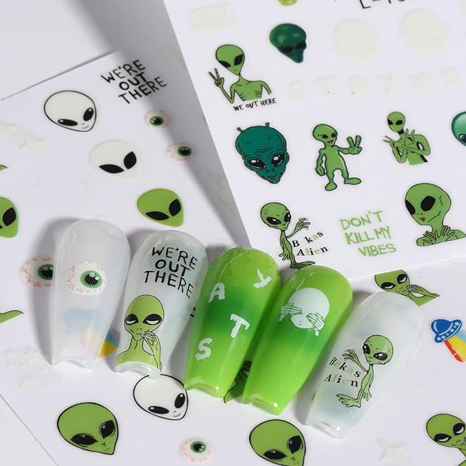 Alien Nail Art Stickers: 3D Astronaut Space Alien UFO Rocket Earth Moon Star Nail Transfer Decals - Luminous Self-Adhesive Sticker Designs for Women & Girls Manicure Tips Decorations