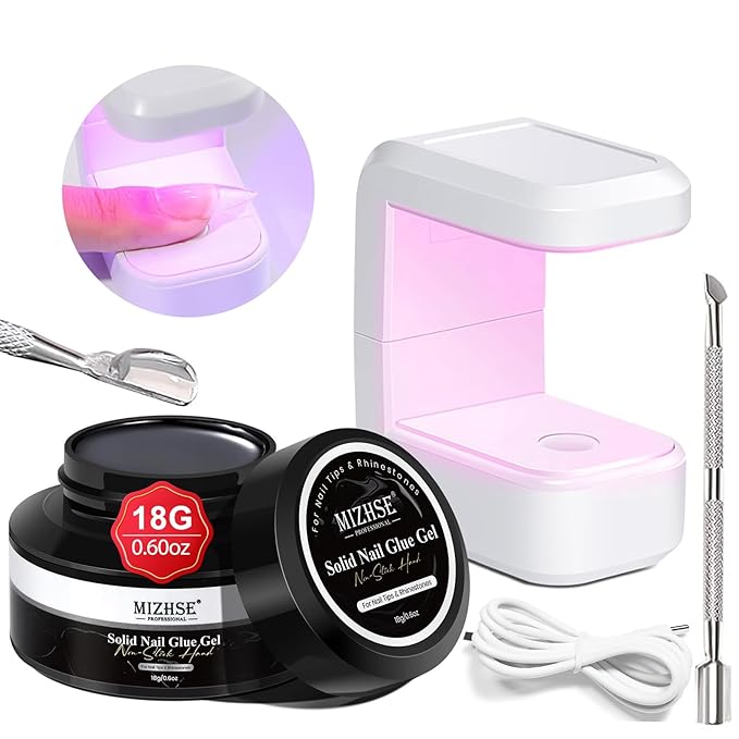 MIZHSE Solid Nail Glue, 18g Solid U V Gel Nail Glue Gel for Nails and Mini Light LED Lamp for Acrylic Nails Tips Long Lasting Rhinestone Glues for Salon Home DIY