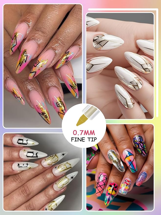 EBANKU Nail Art Pens Quick-Drying, 3D 0.7MM Acrylic Paint Pens Nail Art Markers Nail Polish Pen Nail Point Dotting Liner Pen Tools for Home & Salon Nail DIY(Gold)