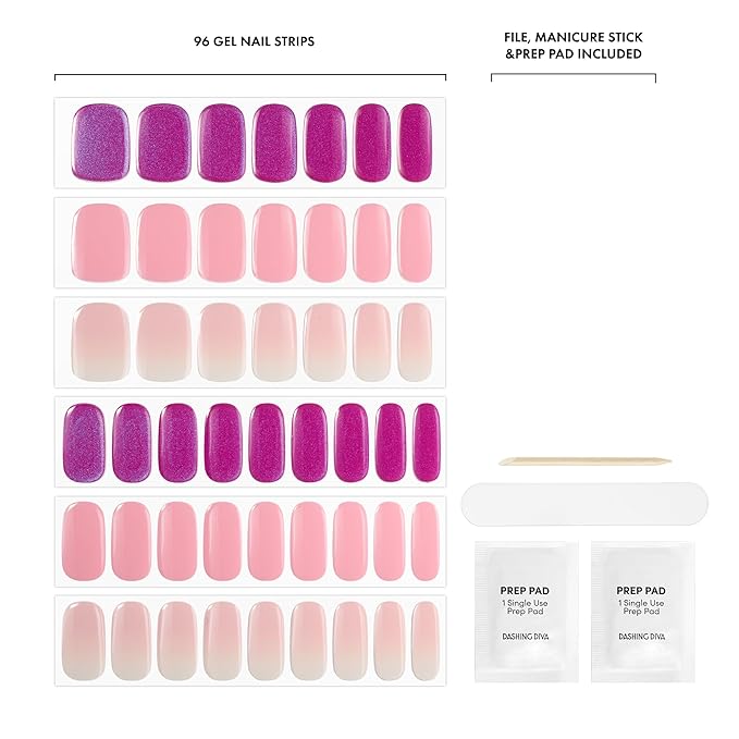 Dashing Diva Glaze Nail Strip 3-in-1 Kit - Best of Pinks - Long Lasting, Chip Resistant, Semi-Cured Gel Nail Strips - Contains 96 strips, 3 prep pads, 3 manicure sticks, 1 nail file