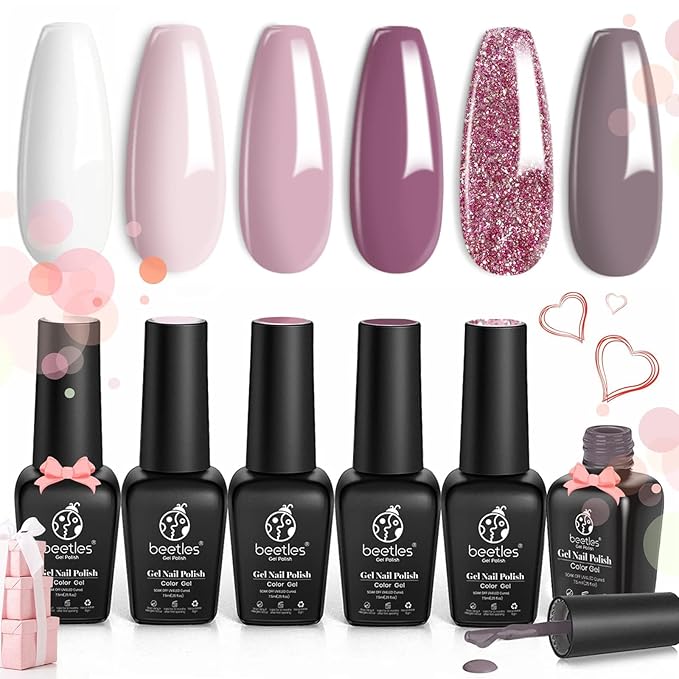 Beetles Wedding Gel Nail Polish Set - 6 Colors Nude Pink Mauve White Glitter Gel Polish Kit, Soak Off UV Led DIY Nail Art Home Manicure for Bride