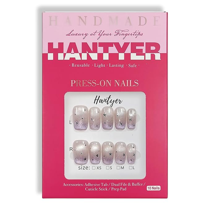 10pcs Press on Nails, Medium Coffin Glossy Fake Nails, Lavender Cat Eye French Tips with Silver Stars, Reusable False Nails for Women, Sweet Galaxy Nails for Party (Size XS) ﻿