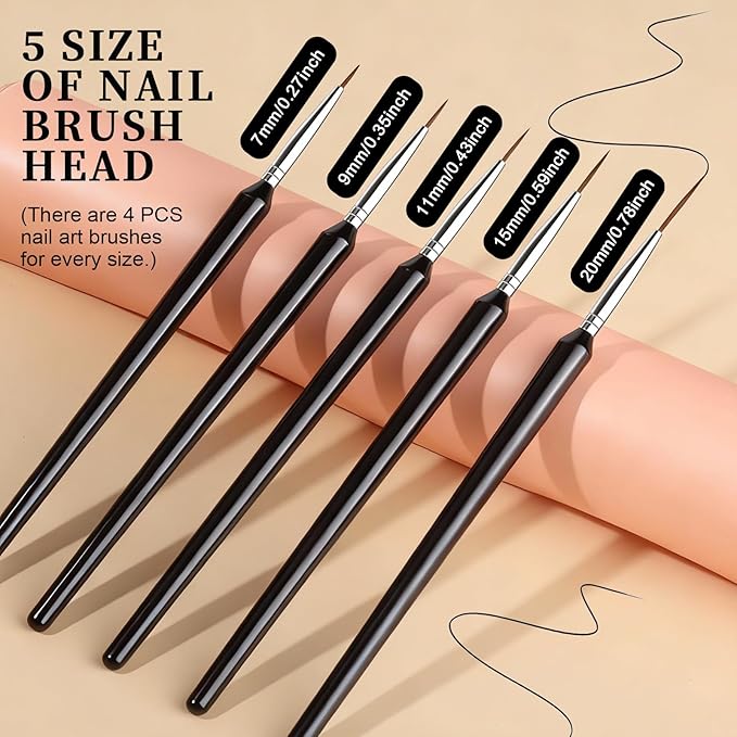 FANDAMEI 20pcs Nail Art Brushes, Liner Brushes For Nails, Nail Liner Brush, Thin Nail Art Brush For Drawing Long Lines, Nail Brush Set, Nail Brushes For Nail Art, Nail Art Tools, 7/9/11/15/20mm, Black