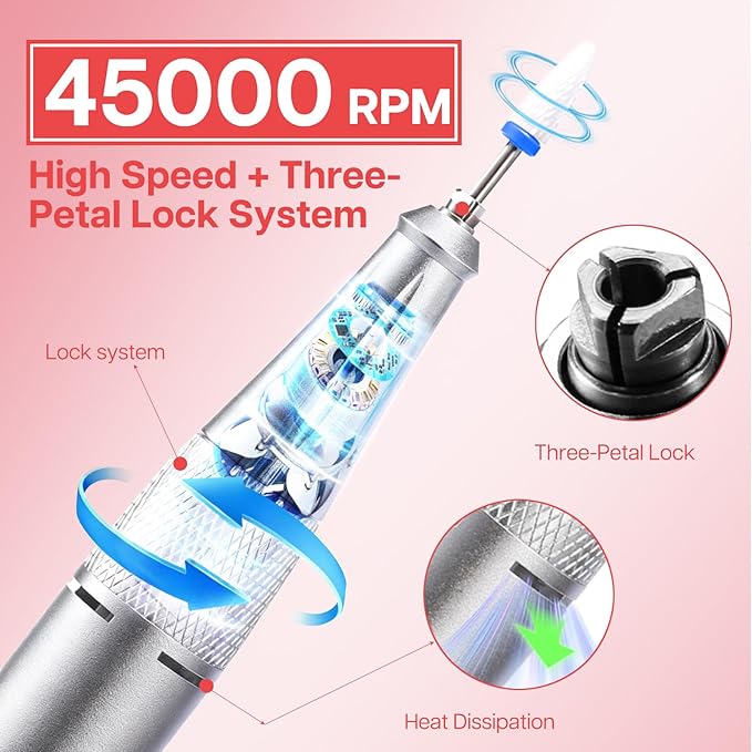 Professional Nail Drill with Charging Dock & Ceramic/Tungsten Bits, 45000RPM Stepless Speed Cordless Efile for Fast Acrylic Gel Removal, Electric Nail File Machine for Home Salon Use (Gradient Pink)