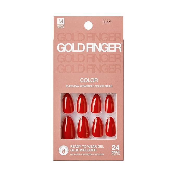Goldfinger False Nails Kit, Red Fake Nails, Ready to Wear Gel & Manicure Stick Included, Medium Almond Shape, Long-Lasting Hottest Trend Glue on Nails, Convenient & Easy to Apply (Scarlet)